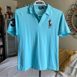 Preppy Polo Ralph Lauren Big Logo Light Blue Mesh Knit Custom Fit Polo Size L